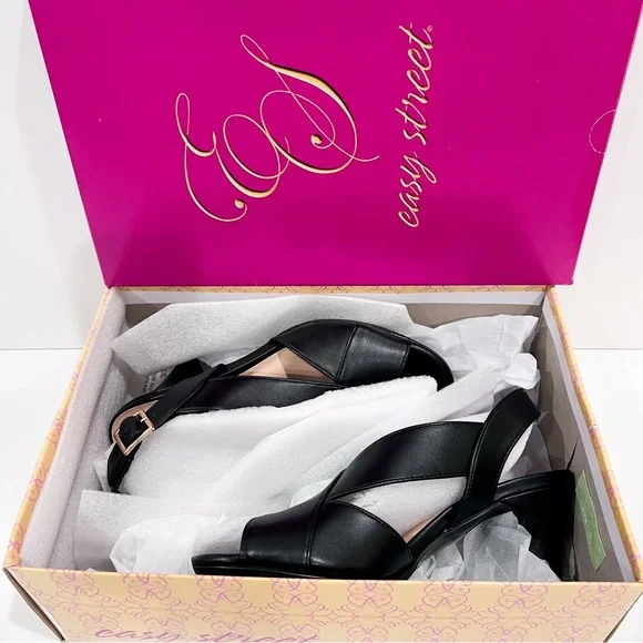 Easy Street Christy Slingback Heeled Sandals Cross Strap Buckle 7.5 Black NEW - Picture 2 of 16